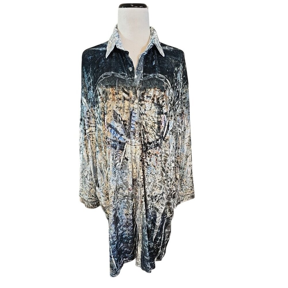 Origami‎ Blue Velour Y2K Western Dreamcatcher tunic pockets oversized Size S